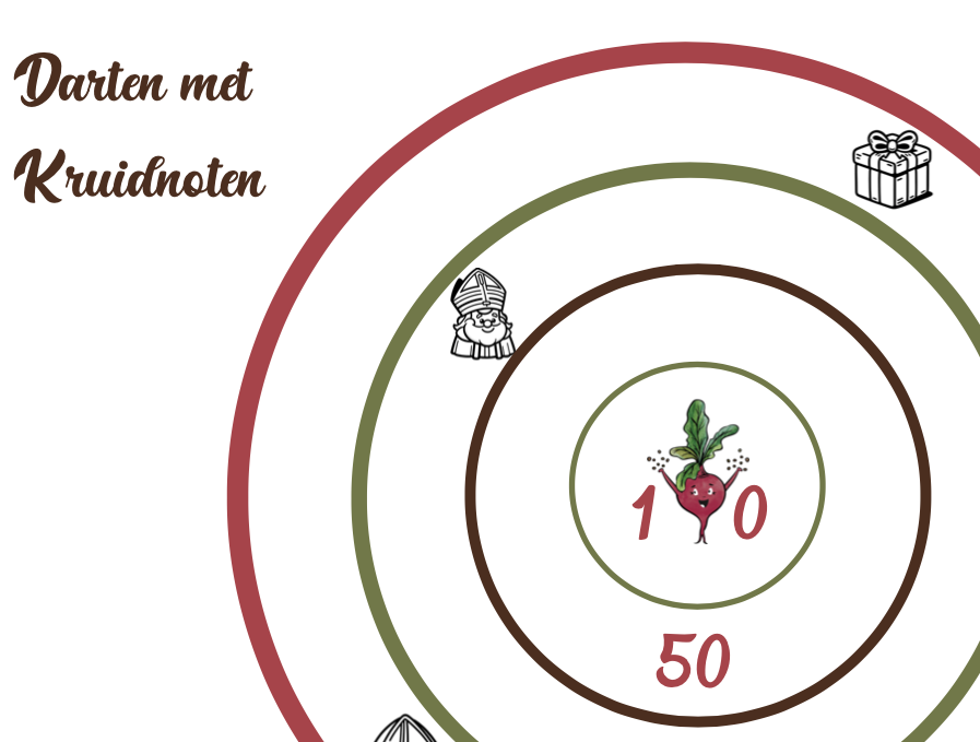 Een fantastisch en eenvoudig spel waar ook de allerkleinsten aan mee kunnen doen. Print het dartbord uit, leg hem op tafel en schuif jullie zelfgebakken pepernoten op het dartbord. Wie heeft de meeste punten?