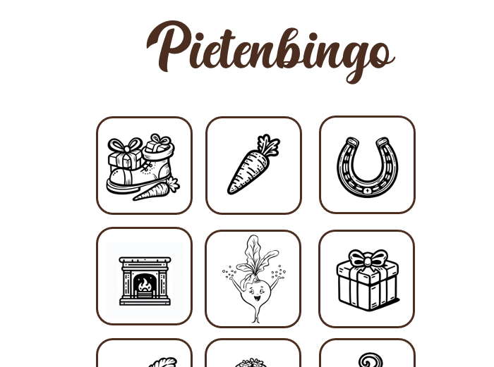Met deze Pietenbingo maken jullie er een gezellige pakjesavond van. Kleur, knip en gebruik kruidnoten als fiches. Heb je bingo? Dan kun je ze natuurlijk lekker opsmikkelen. Veel plezier!