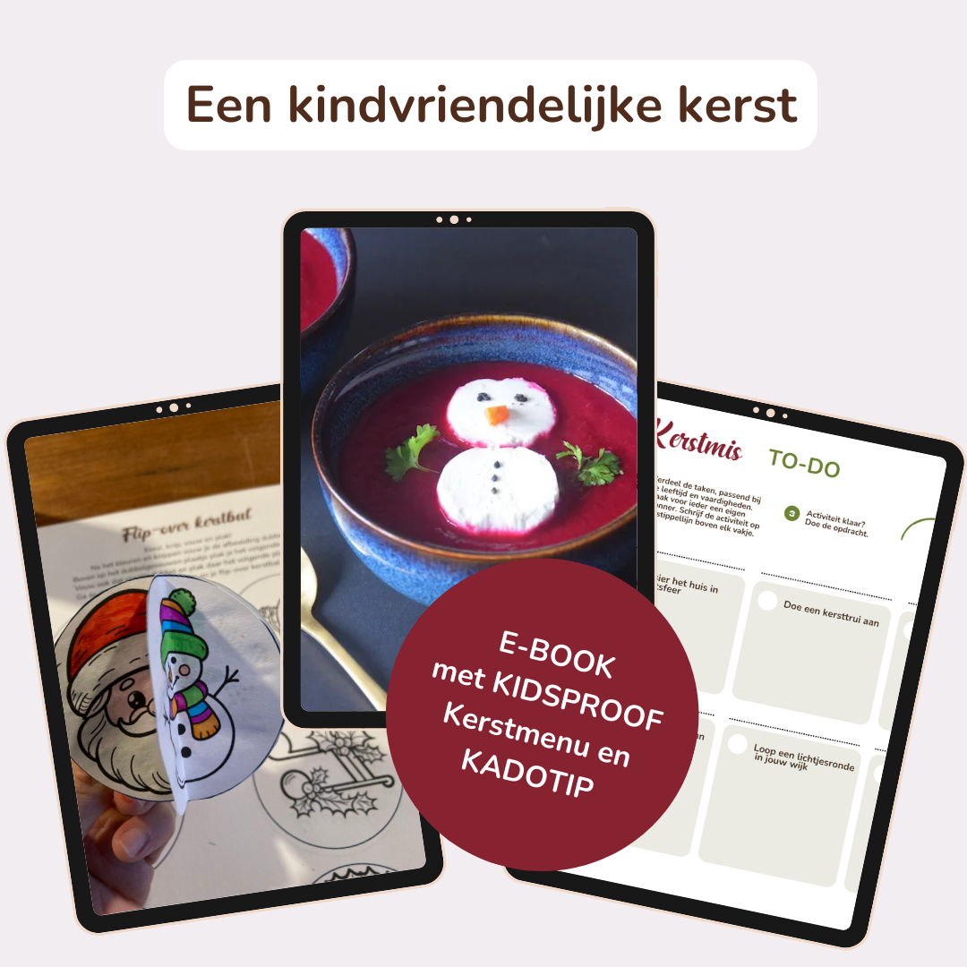 Maak je klaar voor een stressvrije kerst met kinderen! Dit e-book staat bomvol tips om samen met kinderen de keuken in te duiken, de voorbereidingen te doen en samen op te ruimen. Maak je eigen bestekhouder, naamkaartjes, tover een flip-over kerstbal in elkaar en speel samen spelletjes.