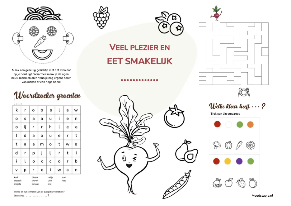 Elke maaltijd is een feestje met deze placemat van Voedstapje. Zet de kids even rustig aan tafel, terwijl jij in de keuken staat om het eten af te maken. Met deze spelletjes zijn ze even zoet én ze leren ervan! Leg de kleurpotloden klaar en spelen maar!